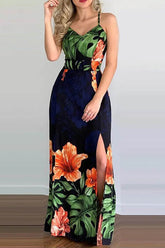 Rückenfreies Maxikleid mit tropischem Print, Schlitz und überkreuztem Saum